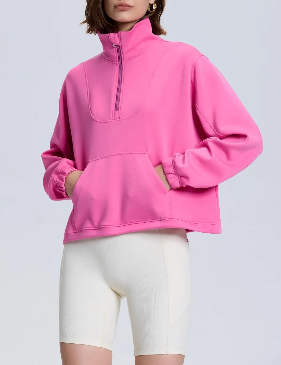 kayamiya Women's Soft Ribbed Half Zip Cropped Sweatshirt Stand Collar Drawstring Lightweight Pullover with Pockets