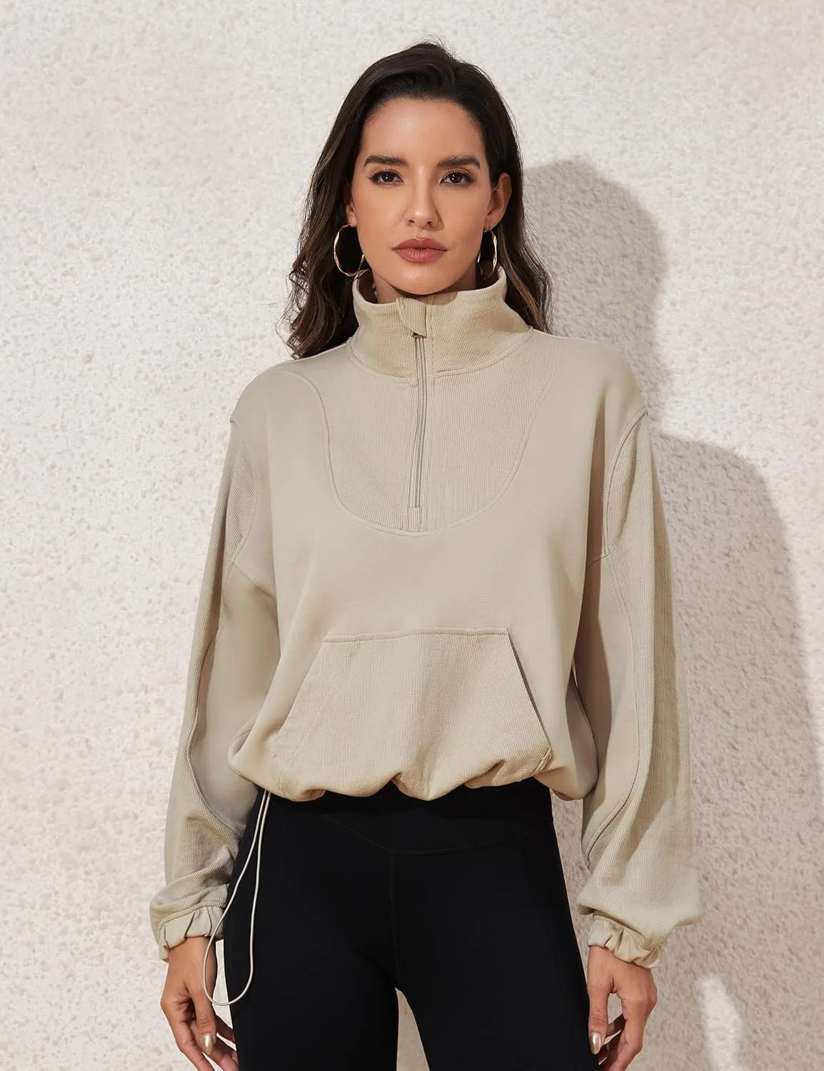 kayamiya Women's Soft Ribbed Half Zip Cropped Sweatshirt Stand Collar Drawstring Lightweight Pullover with Pockets