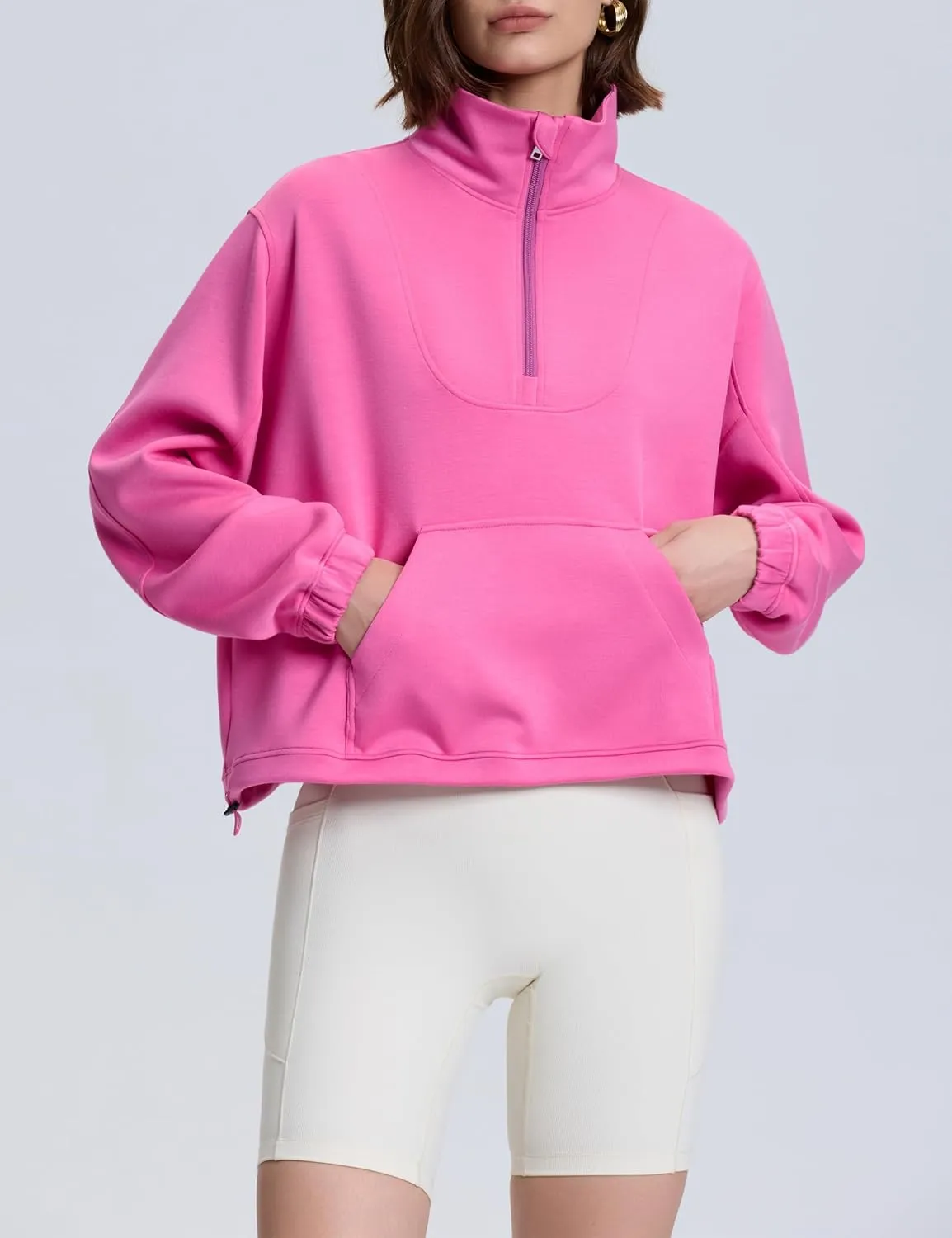 kayamiya Women's Soft Ribbed Half Zip Cropped Sweatshirt Stand Collar Drawstring Lightweight Pullover with Pockets