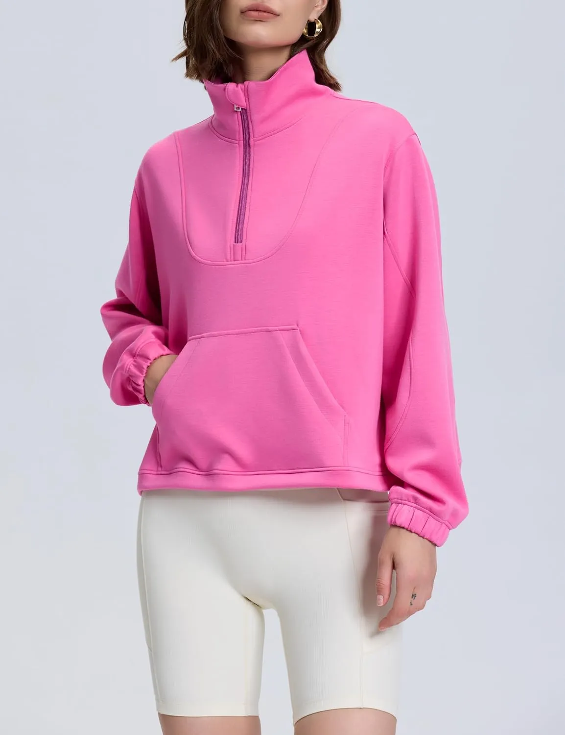 kayamiya Women's Soft Ribbed Half Zip Cropped Sweatshirt Stand Collar Drawstring Lightweight Pullover with Pockets