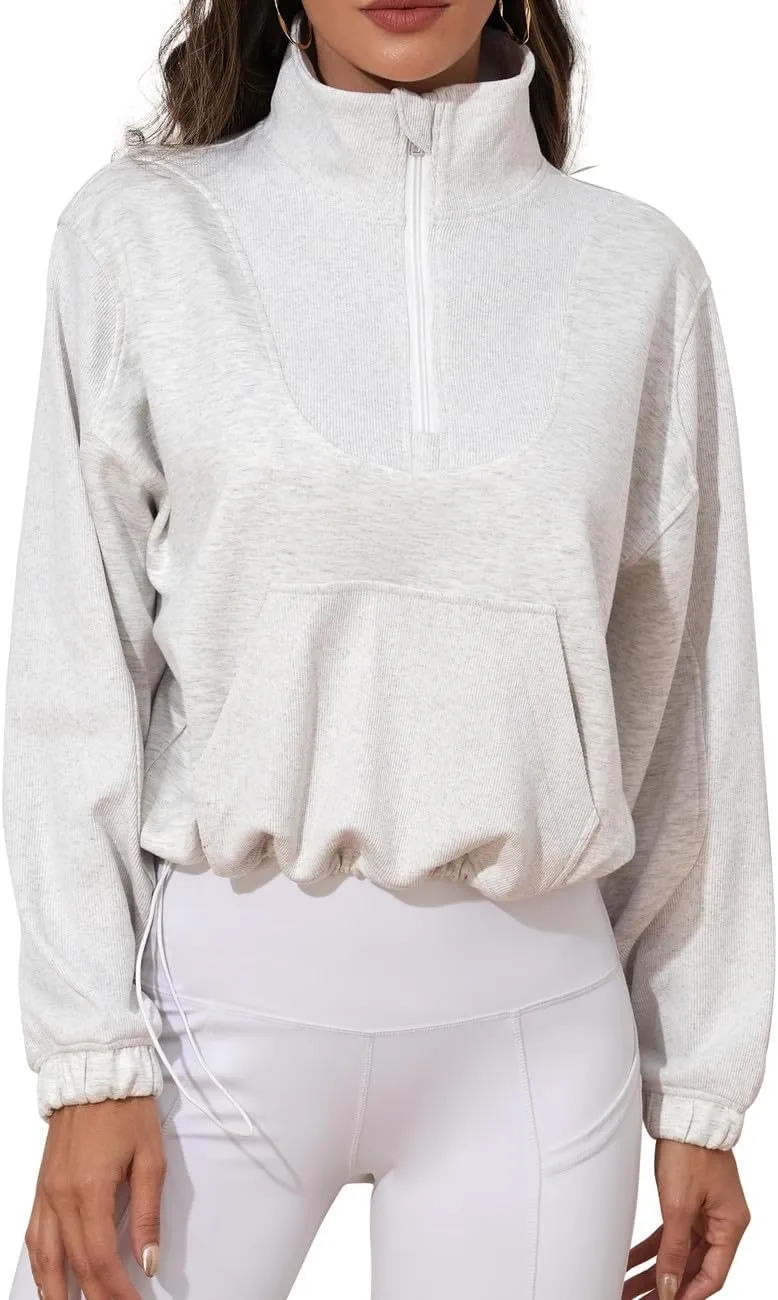 kayamiya Women's Soft Ribbed Half Zip Cropped Sweatshirt Stand Collar Drawstring Lightweight Pullover with Pockets
