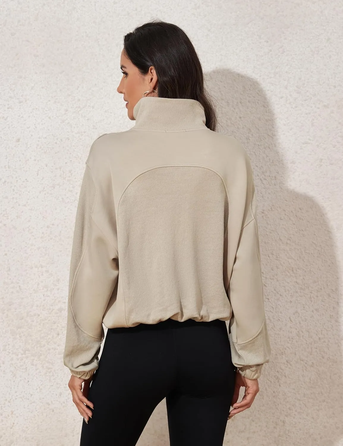kayamiya Women's Soft Ribbed Half Zip Cropped Sweatshirt Stand Collar Drawstring Lightweight Pullover with Pockets