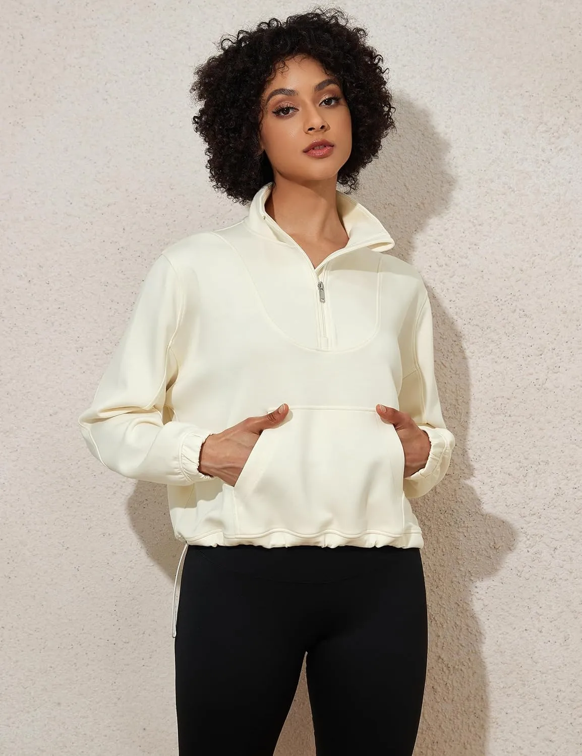 kayamiya Women's Soft Ribbed Half Zip Cropped Sweatshirt Stand Collar Drawstring Lightweight Pullover with Pockets