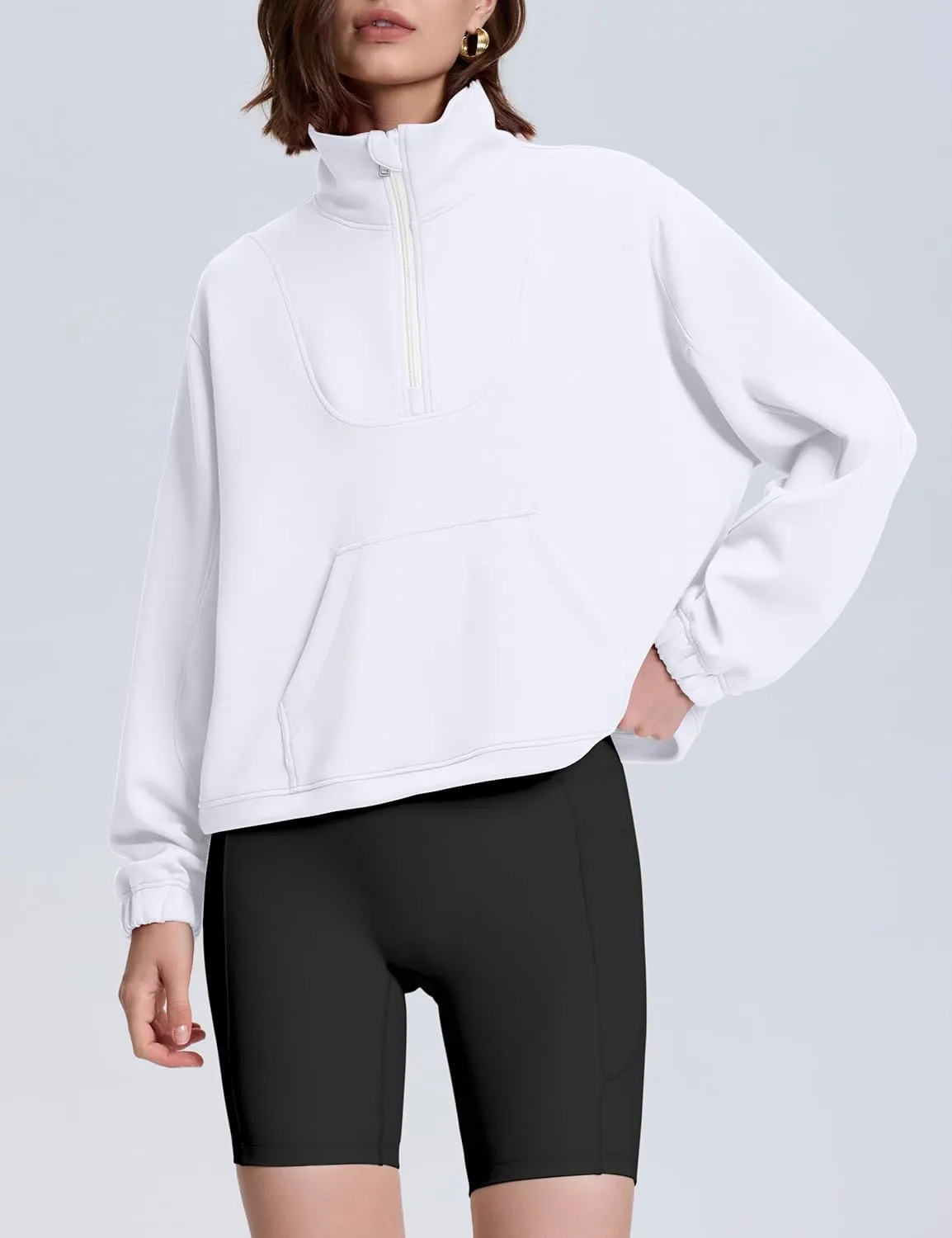 kayamiya Women's Soft Ribbed Half Zip Cropped Sweatshirt Stand Collar Drawstring Lightweight Pullover with Pockets