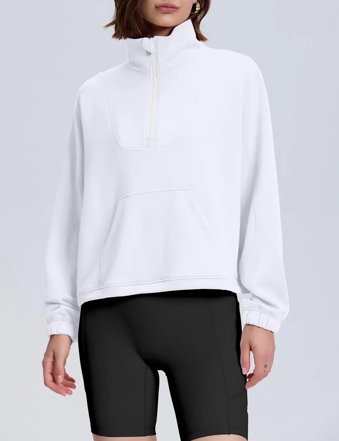 kayamiya Women's Soft Ribbed Half Zip Cropped Sweatshirt Stand Collar Drawstring Lightweight Pullover with Pockets