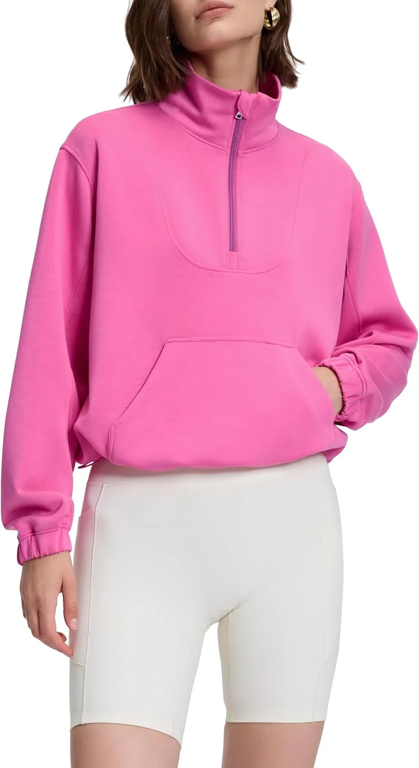 kayamiya Women's Soft Ribbed Half Zip Cropped Sweatshirt Stand Collar Drawstring Lightweight Pullover with Pockets