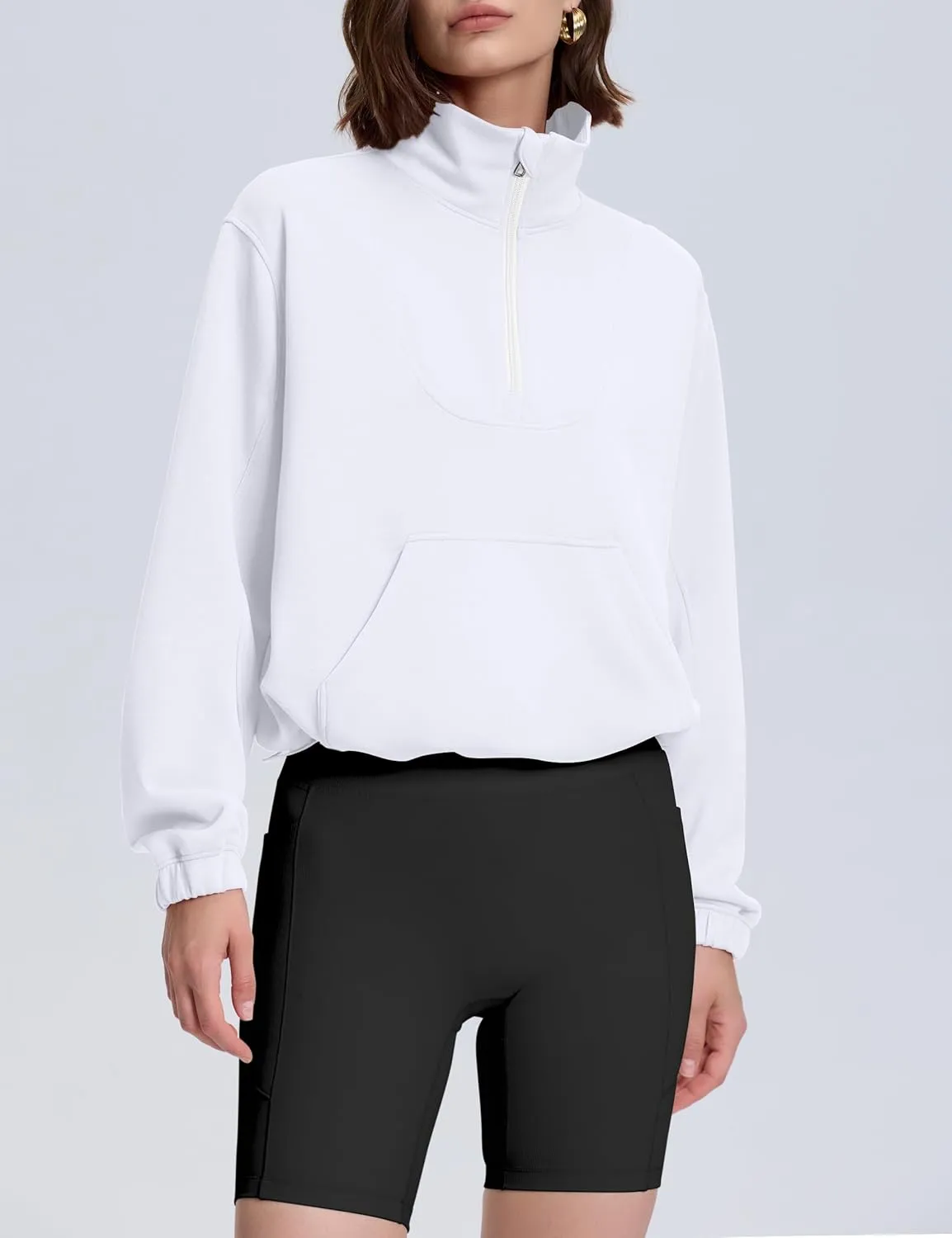 kayamiya Women's Soft Ribbed Half Zip Cropped Sweatshirt Stand Collar Drawstring Lightweight Pullover with Pockets