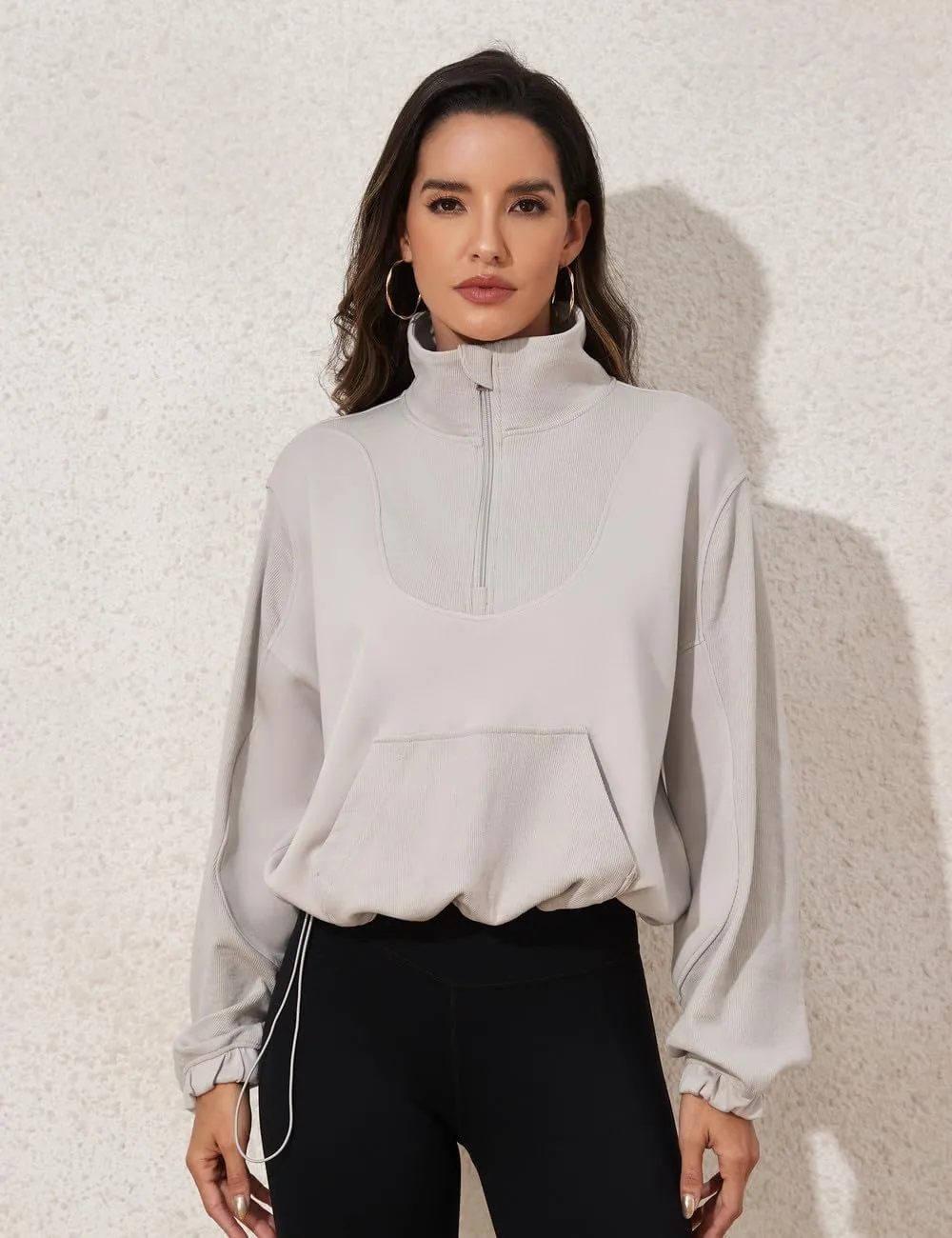 kayamiya Women's Soft Ribbed Half Zip Cropped Sweatshirt Stand Collar Drawstring Lightweight Pullover with Pockets