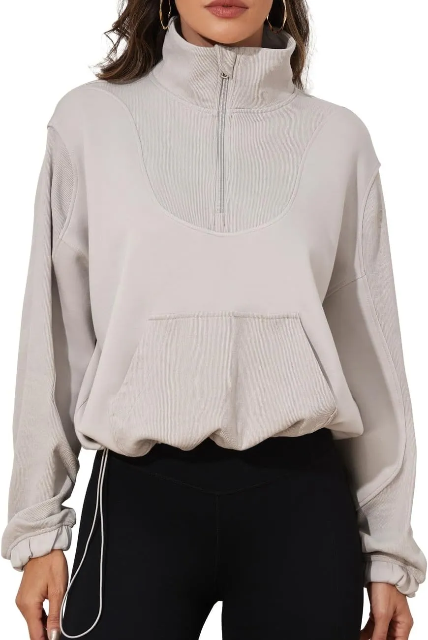 kayamiya Women's Soft Ribbed Half Zip Cropped Sweatshirt Stand Collar Drawstring Lightweight Pullover with Pockets