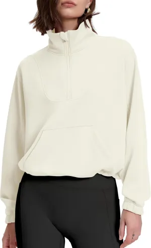 kayamiya Women's Soft Ribbed Half Zip Cropped Sweatshirt Stand Collar Drawstring Lightweight Pullover with Pockets