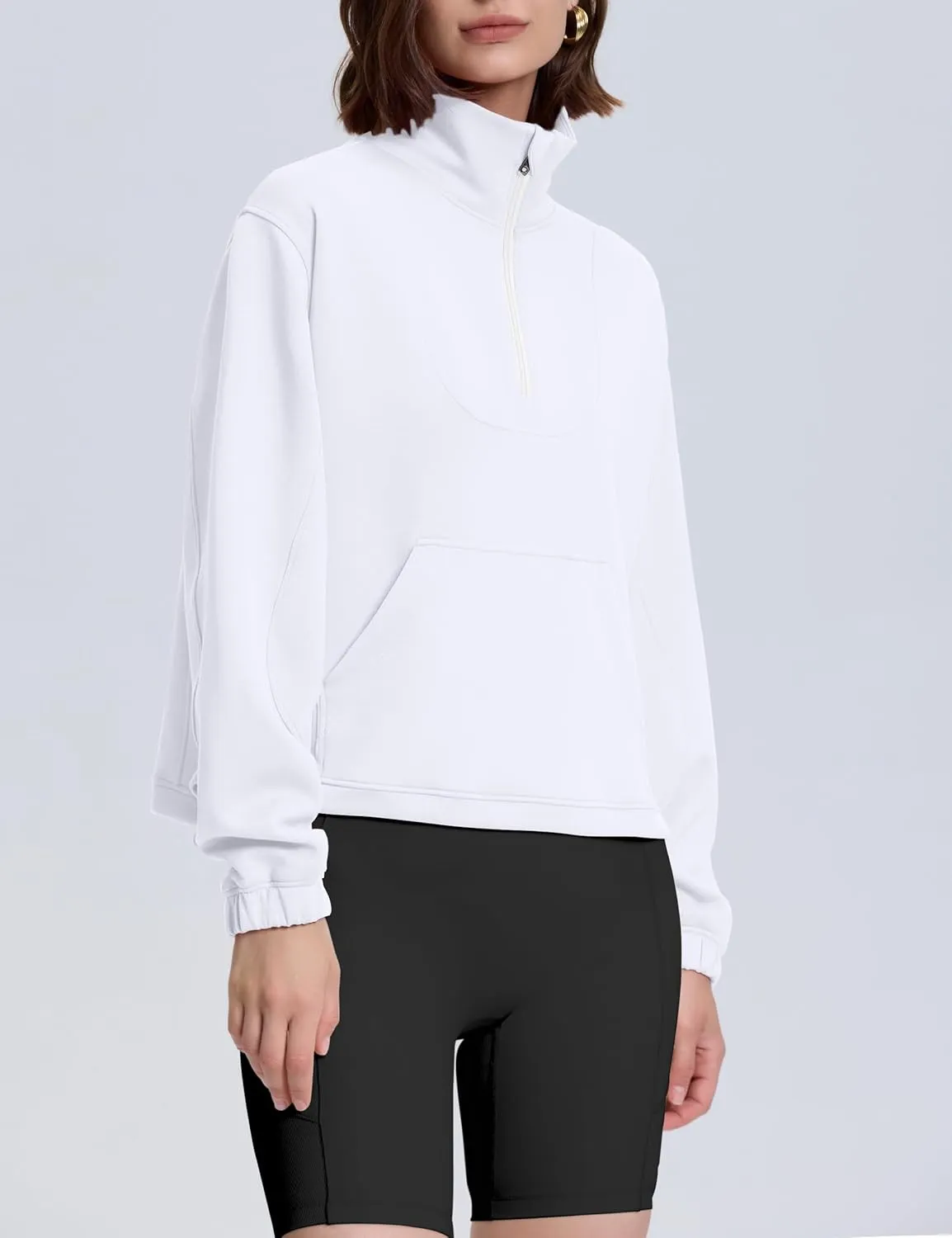 kayamiya Women's Soft Ribbed Half Zip Cropped Sweatshirt Stand Collar Drawstring Lightweight Pullover with Pockets