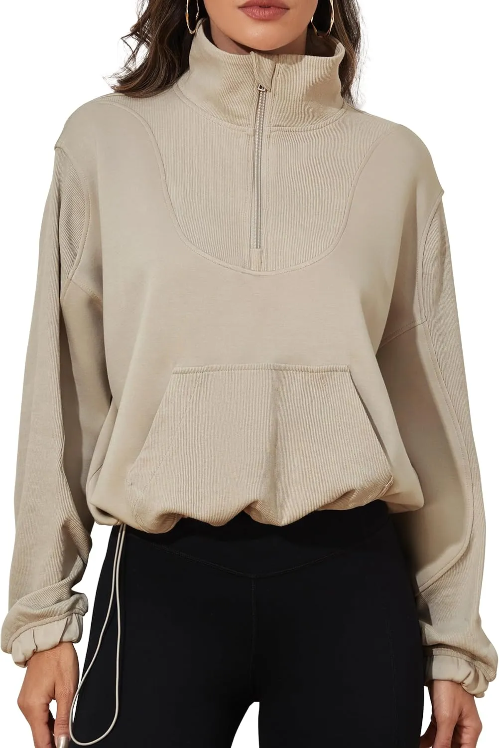 kayamiya Women's Soft Ribbed Half Zip Cropped Sweatshirt Stand Collar Drawstring Lightweight Pullover with Pockets