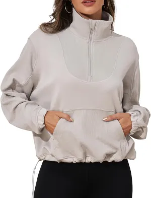 kayamiya Women's Soft Ribbed Half Zip Cropped Sweatshirt Stand Collar Drawstring Lightweight Pullover with Pockets