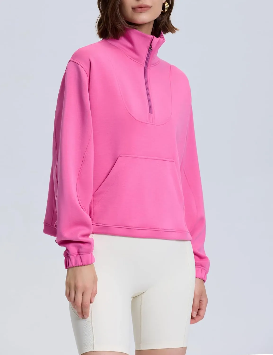kayamiya Women's Soft Ribbed Half Zip Cropped Sweatshirt Stand Collar Drawstring Lightweight Pullover with Pockets