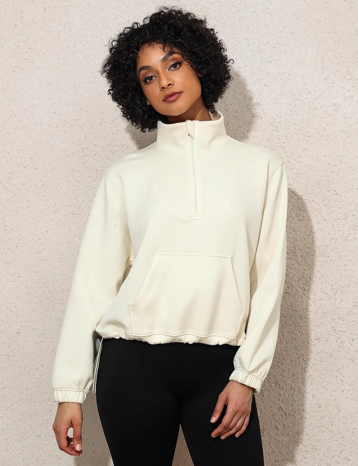 kayamiya Women's Soft Ribbed Half Zip Cropped Sweatshirt Stand Collar Drawstring Lightweight Pullover with Pockets