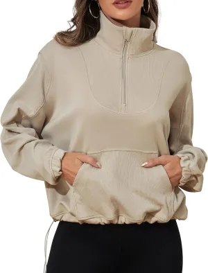kayamiya Women's Soft Ribbed Half Zip Cropped Sweatshirt Stand Collar Drawstring Lightweight Pullover with Pockets