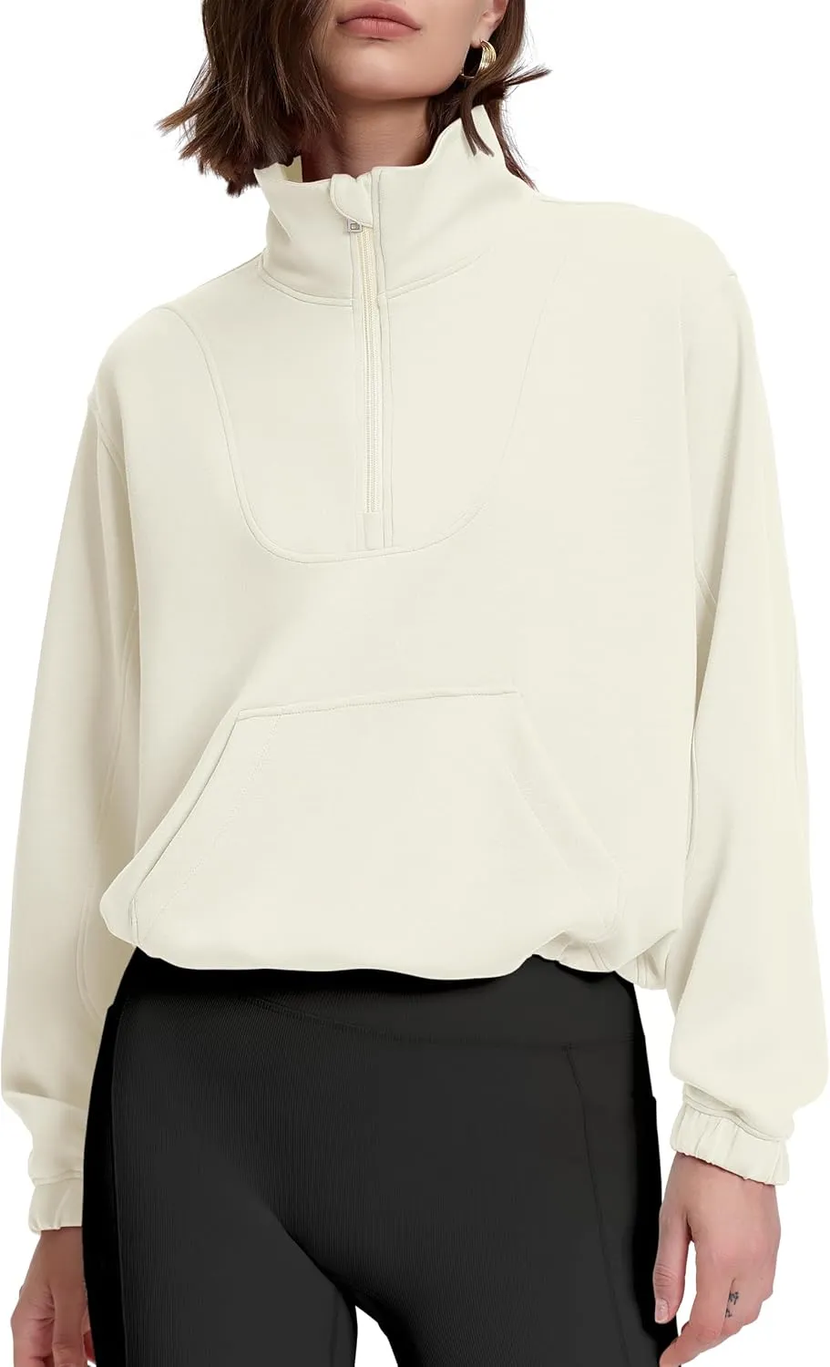 kayamiya Women's Soft Ribbed Half Zip Cropped Sweatshirt Stand Collar Drawstring Lightweight Pullover with Pockets