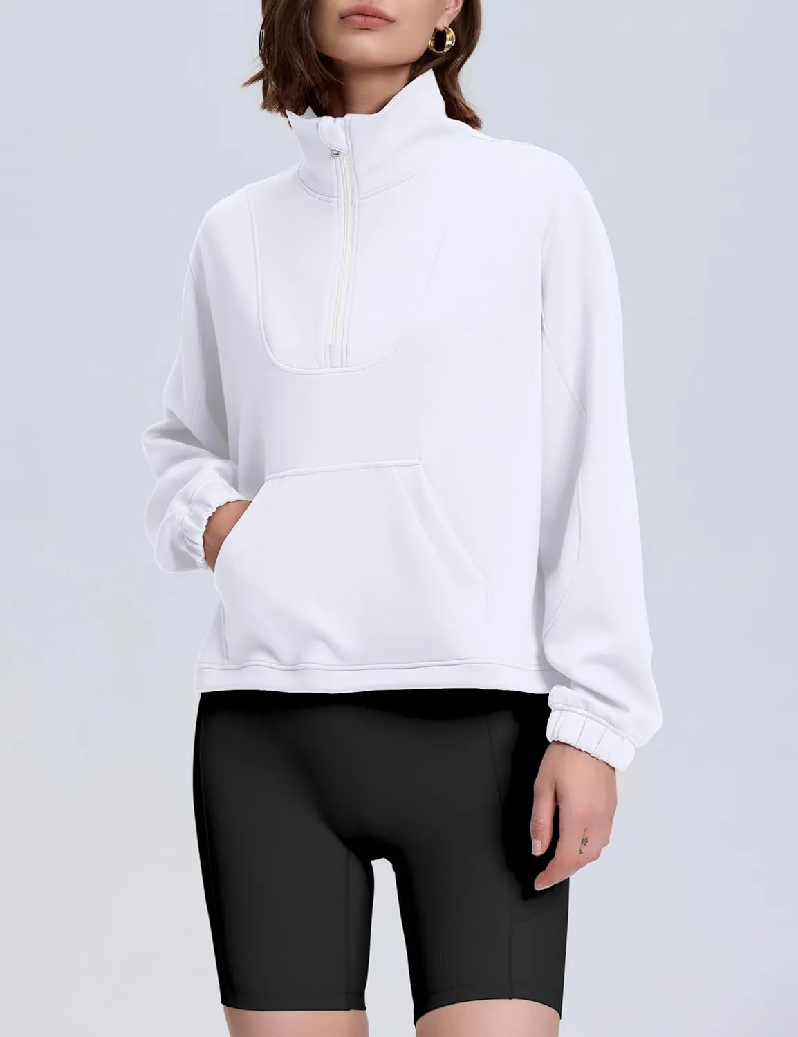 kayamiya Women's Soft Ribbed Half Zip Cropped Sweatshirt Stand Collar Drawstring Lightweight Pullover with Pockets