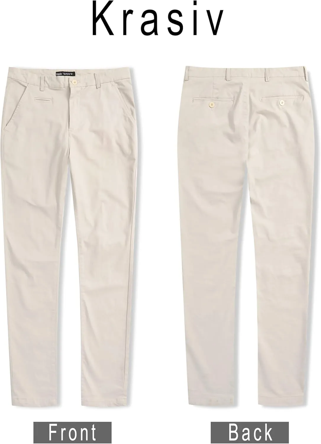 Krasiv Men's Chino Pants Stretch Cotton Slacks Slim Fit Tapered Leg Smart Casual Trousers