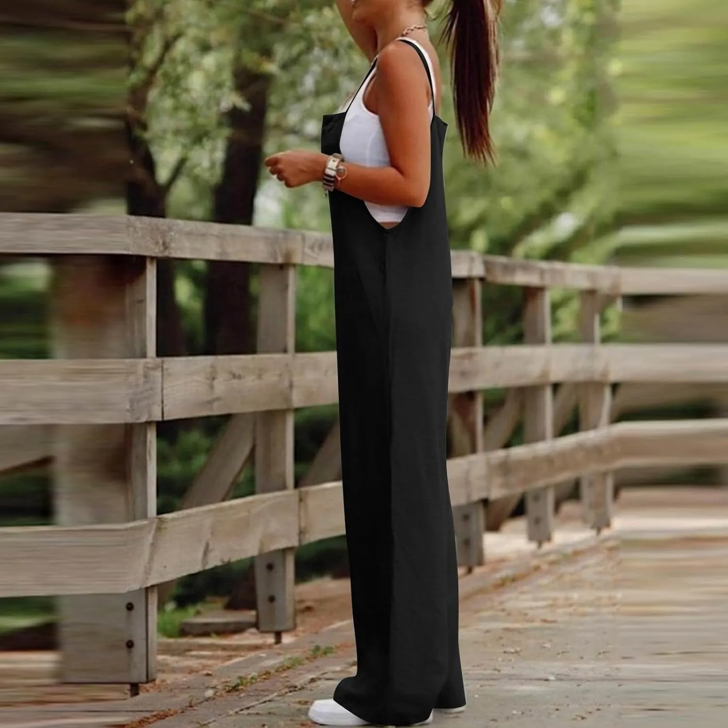 Linen Jumpsuits for Women Casual Comfy Loose Summer Boho Sleeveless Wide Leg Overalls One Piece Outfits with Pockets