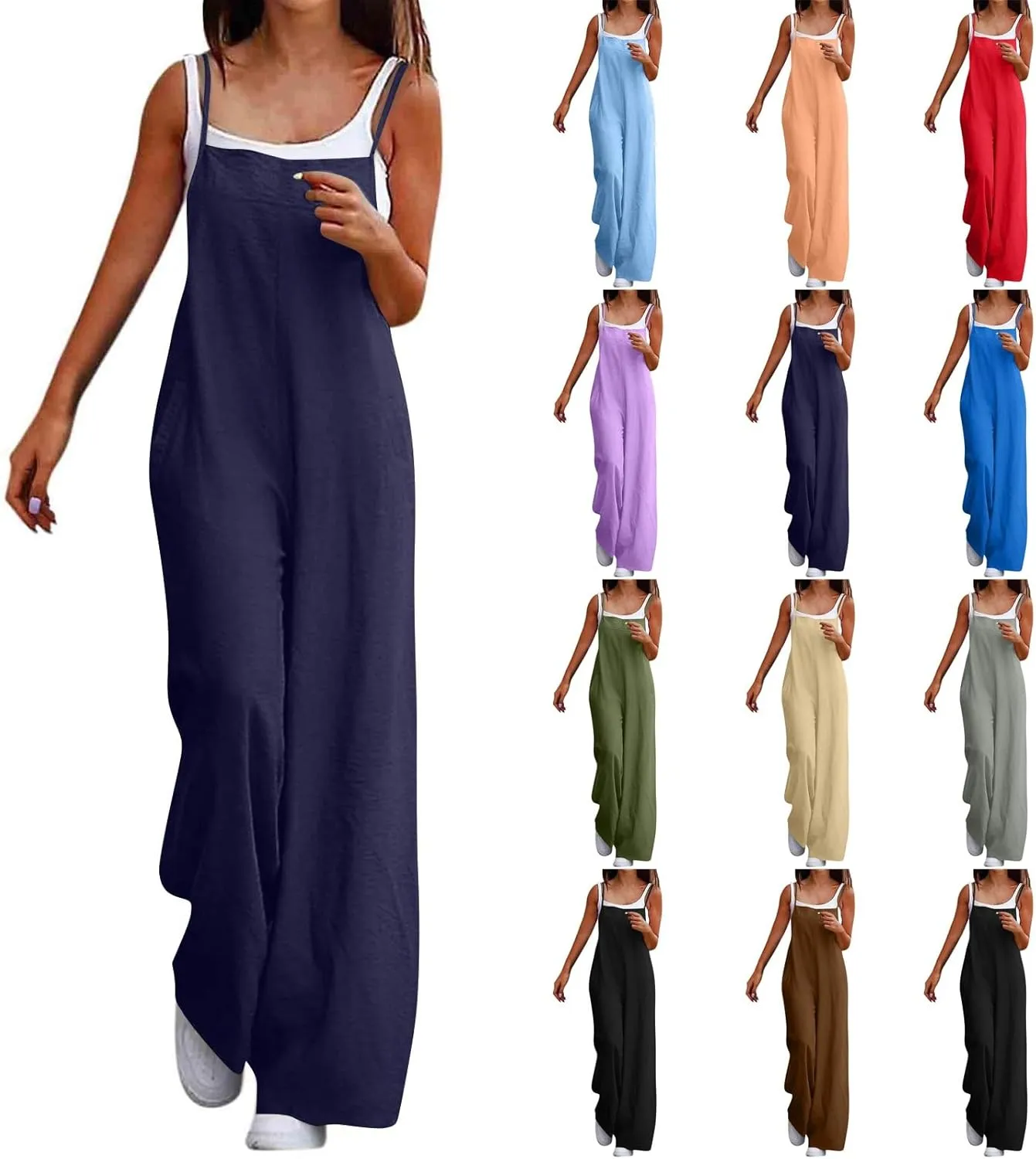 Linen Jumpsuits for Women Casual Comfy Loose Summer Boho Sleeveless Wide Leg Overalls One Piece Outfits with Pockets
