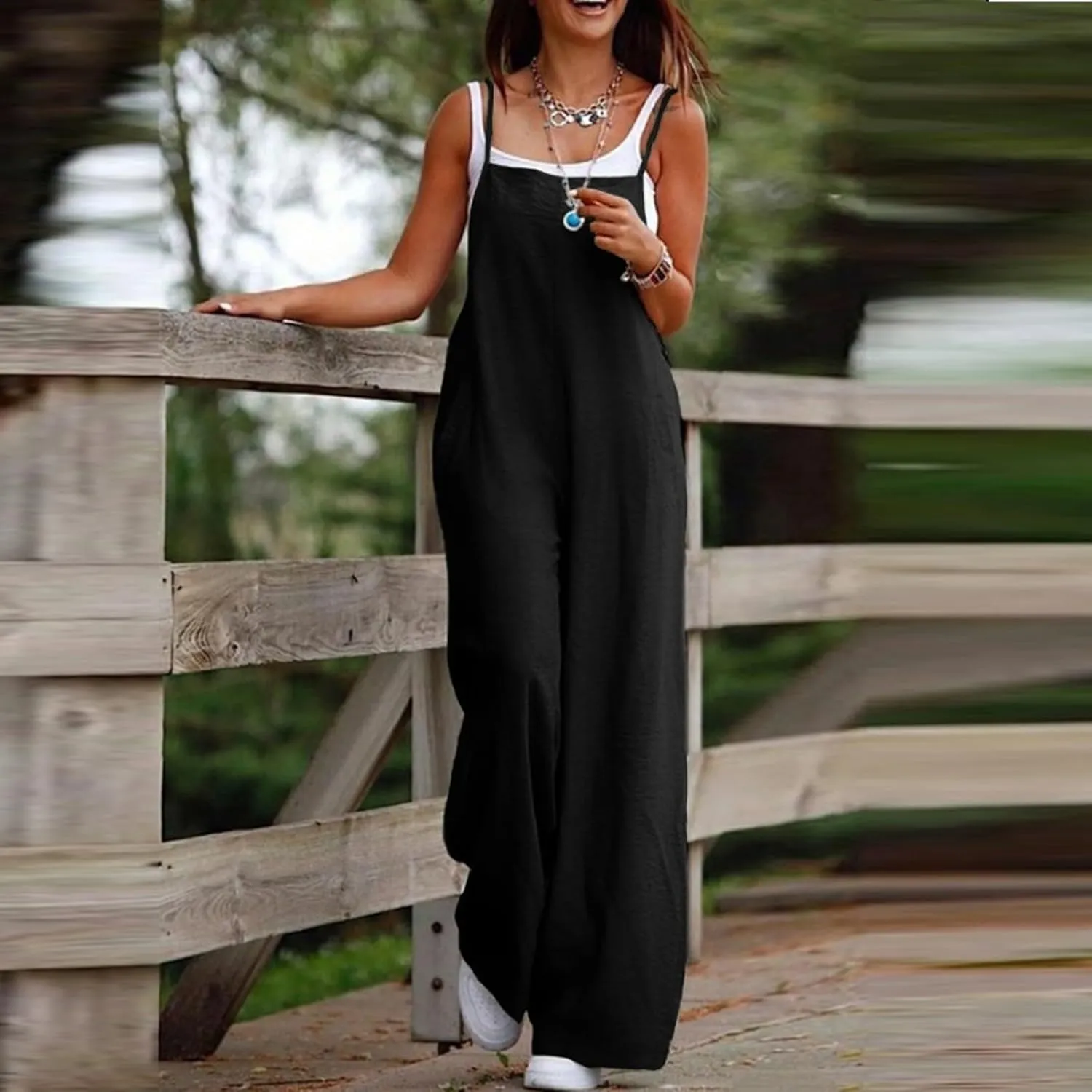 Linen Jumpsuits for Women Casual Comfy Loose Summer Boho Sleeveless Wide Leg Overalls One Piece Outfits with Pockets