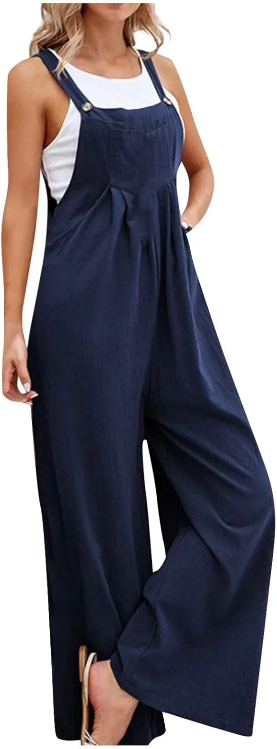 Linen Jumpsuits for Women Loose Fit Denim Overalls with Front Pocket Baggy Wide Leg Pleated Long Pants Rompers