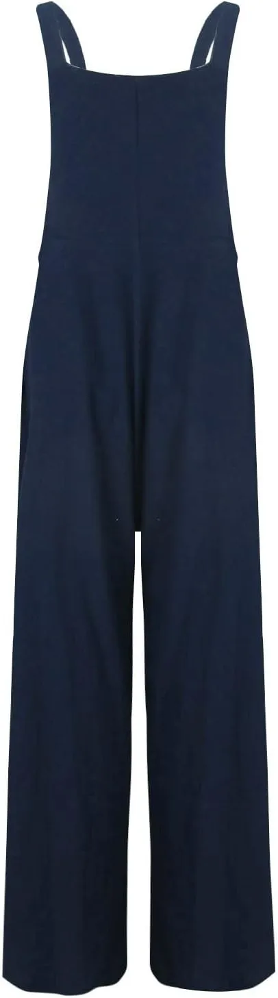 Linen Jumpsuits for Women Loose Fit Denim Overalls with Front Pocket Baggy Wide Leg Pleated Long Pants Rompers