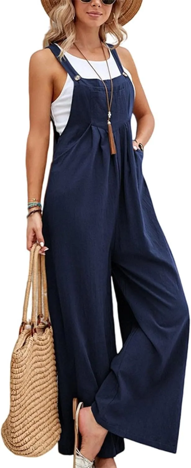 Linen Jumpsuits for Women Loose Fit Denim Overalls with Front Pocket Baggy Wide Leg Pleated Long Pants Rompers