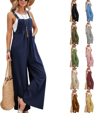 Linen Jumpsuits for Women Loose Fit Denim Overalls with Front Pocket Baggy Wide Leg Pleated Long Pants Rompers