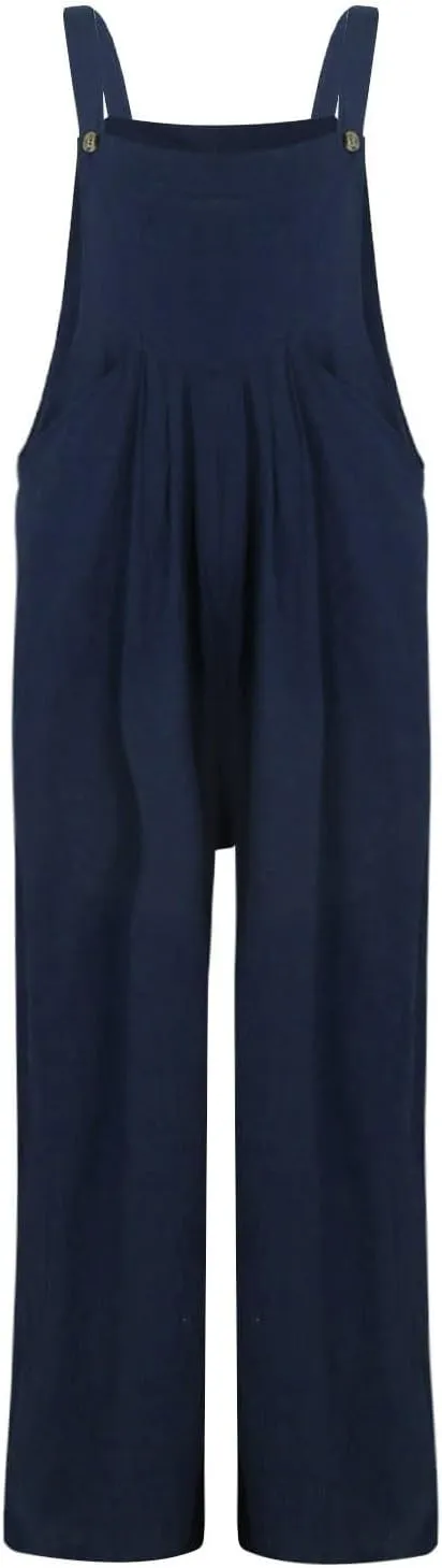 Linen Jumpsuits for Women Loose Fit Denim Overalls with Front Pocket Baggy Wide Leg Pleated Long Pants Rompers