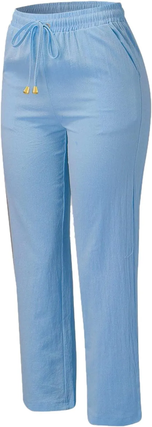 Linen Pants for Women 2025 Plus Size High Waisted Elastic Straight Lounge Pants Casual Comfy Trousers with Pockets