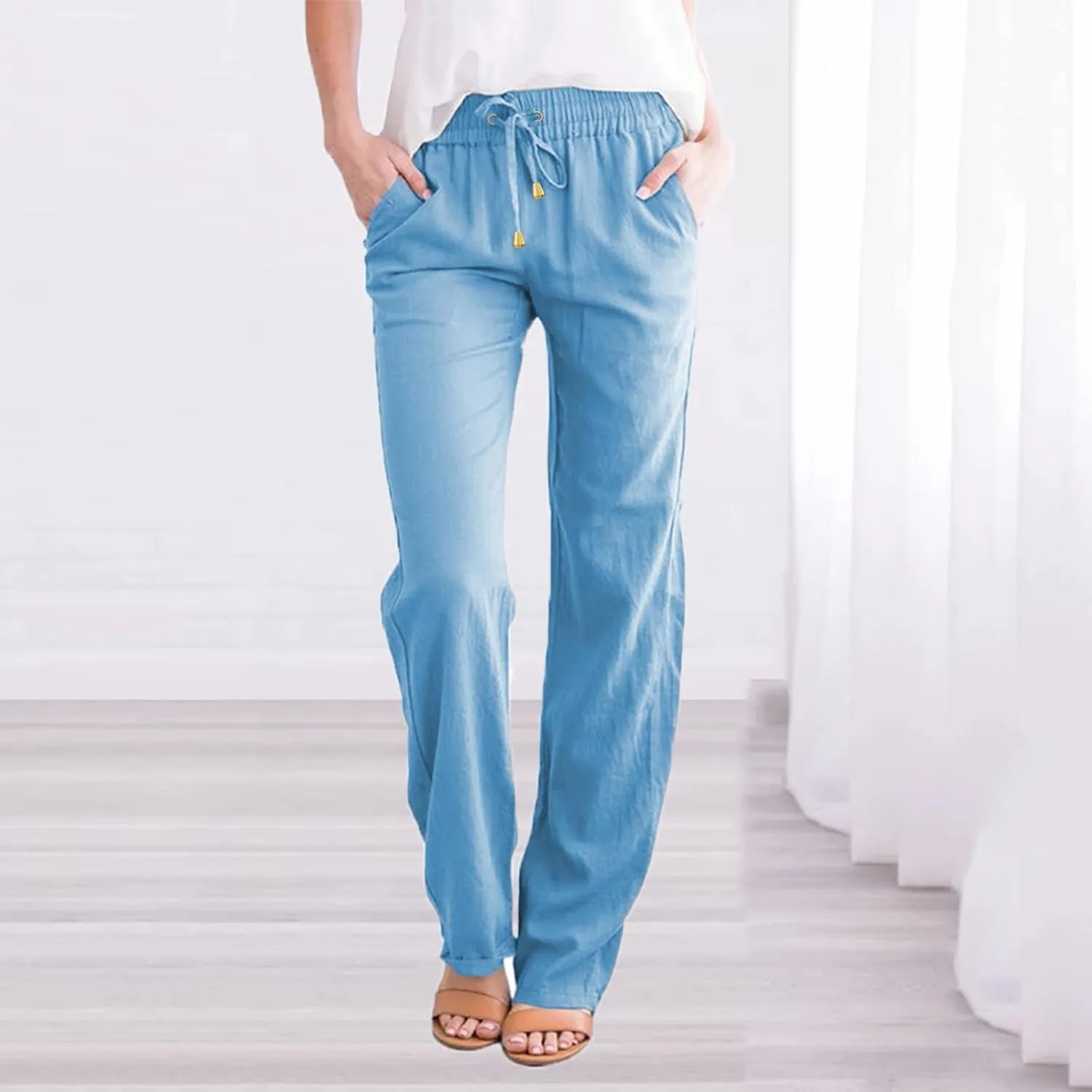 Linen Pants for Women 2025 Plus Size High Waisted Elastic Straight Lounge Pants Casual Comfy Trousers with Pockets