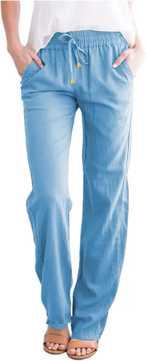 Linen Pants for Women 2025 Plus Size High Waisted Elastic Straight Lounge Pants Casual Comfy Trousers with Pockets