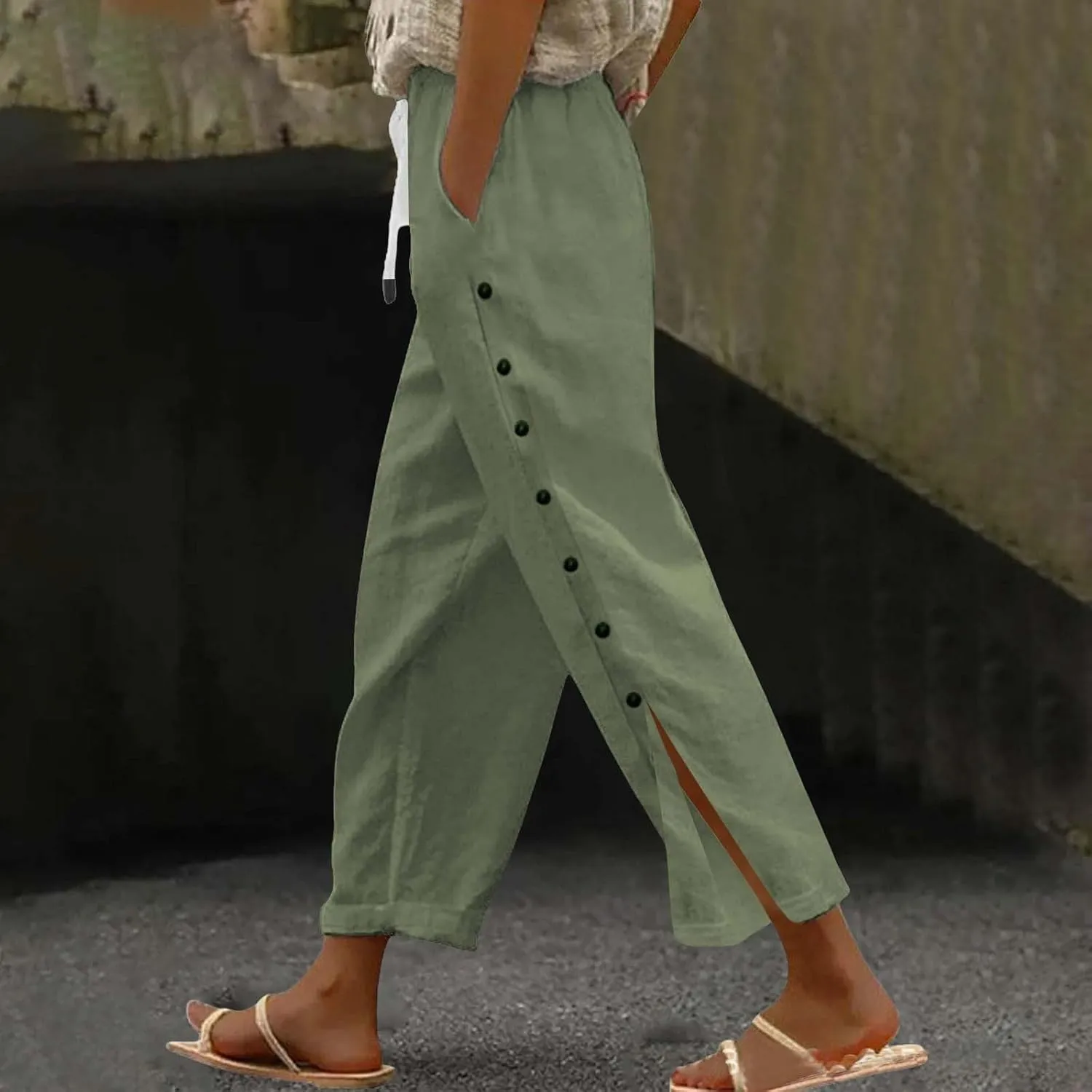 Linen Pants Women Casual Summer Wide Leg Casual Pants with Pockets Palazzo High Waist Travel Outfits Beach Trousers