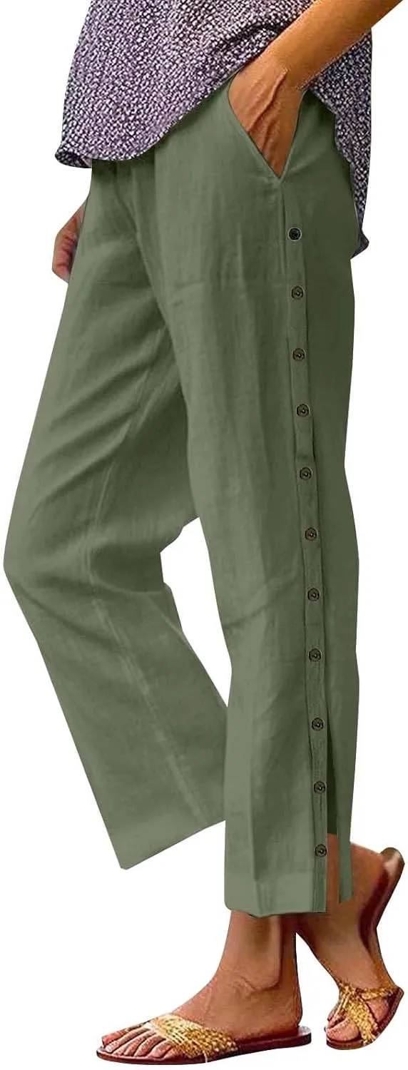Linen Pants Women Casual Summer Wide Leg Casual Pants with Pockets Palazzo High Waist Travel Outfits Beach Trousers