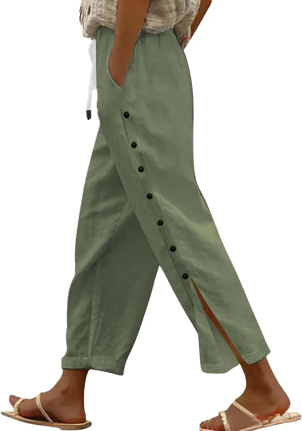 Linen Pants Women Casual Summer Wide Leg Casual Pants with Pockets Palazzo High Waist Travel Outfits Beach Trousers