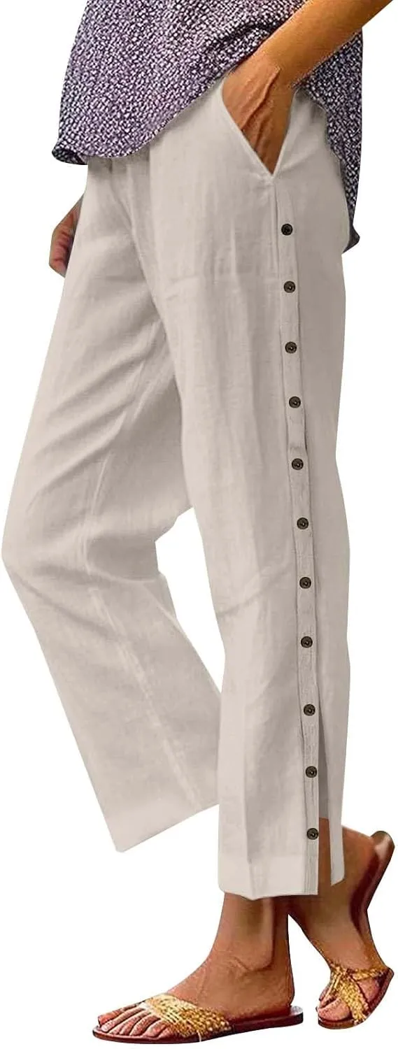 Linen Pants Women Casual Summer Wide Leg Casual Pants with Pockets Palazzo High Waist Travel Outfits Beach Trousers