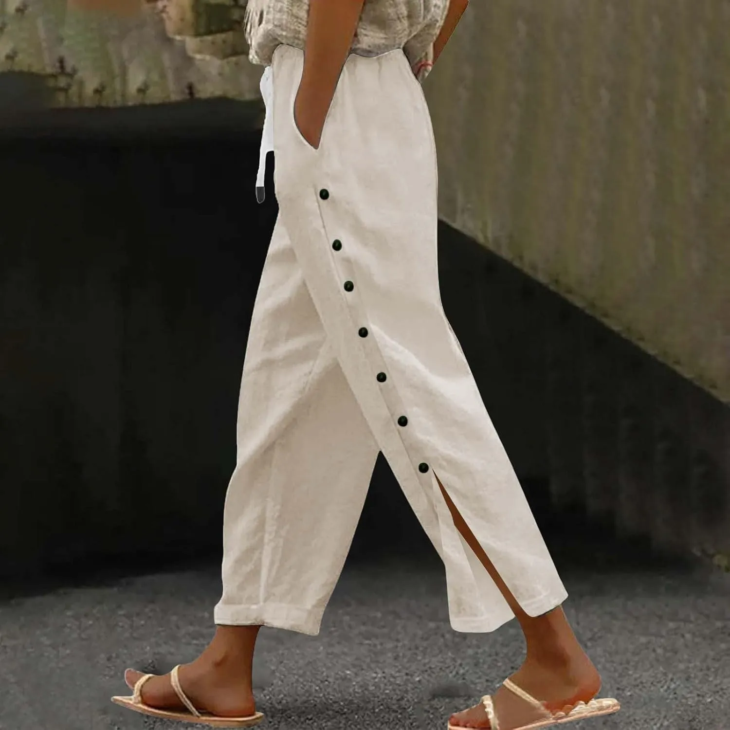 Linen Pants Women Casual Summer Wide Leg Casual Pants with Pockets Palazzo High Waist Travel Outfits Beach Trousers