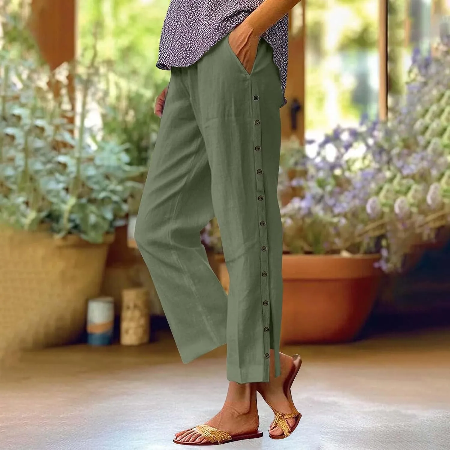 Linen Pants Women Casual Summer Wide Leg Casual Pants with Pockets Palazzo High Waist Travel Outfits Beach Trousers