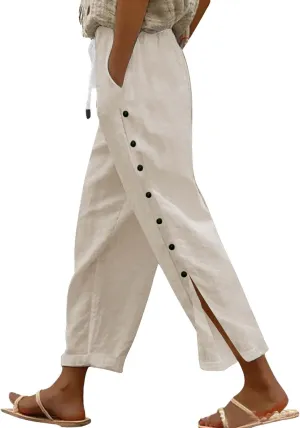 Linen Pants Women Casual Summer Wide Leg Casual Pants with Pockets Palazzo High Waist Travel Outfits Beach Trousers