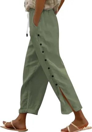 Linen Pants Women Casual Summer Wide Leg Casual Pants with Pockets Palazzo High Waist Travel Outfits Beach Trousers