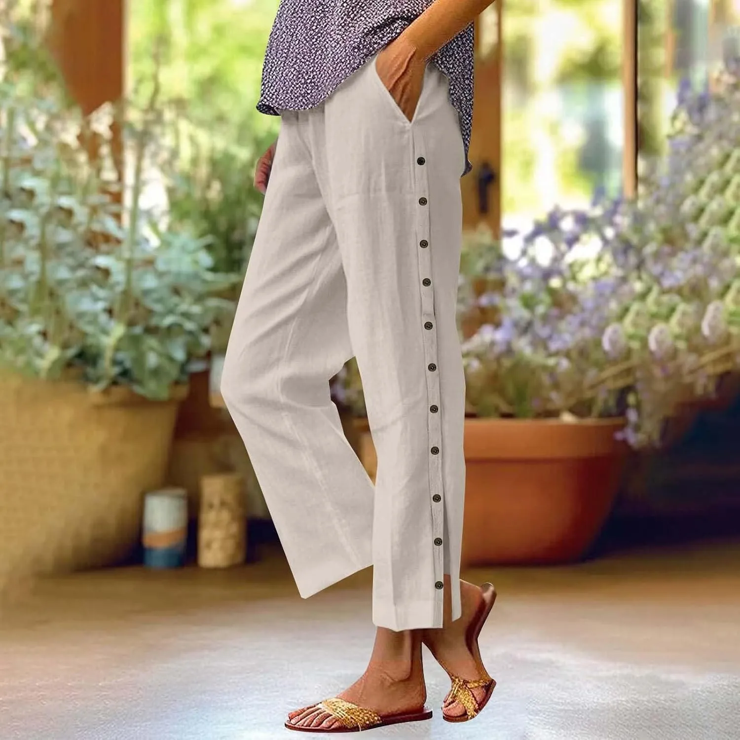 Linen Pants Women Casual Summer Wide Leg Casual Pants with Pockets Palazzo High Waist Travel Outfits Beach Trousers