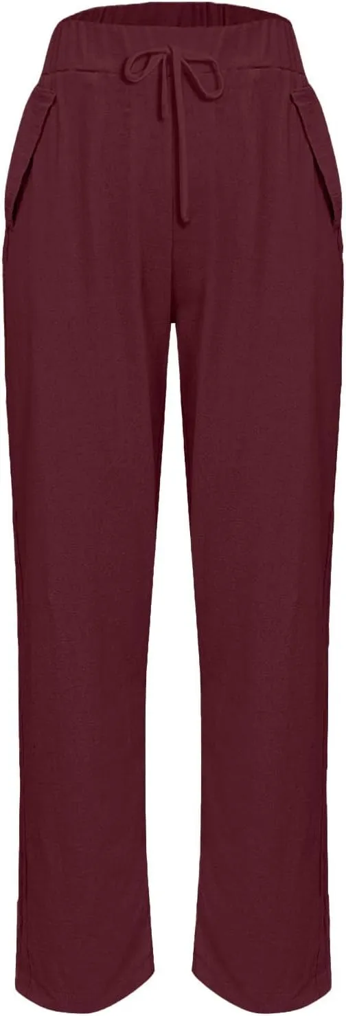 Linen Pants Women Straight Leg Drawstring Casual Trousers Pockets Beach Vacation Lounge Palazzo High Waist Pants