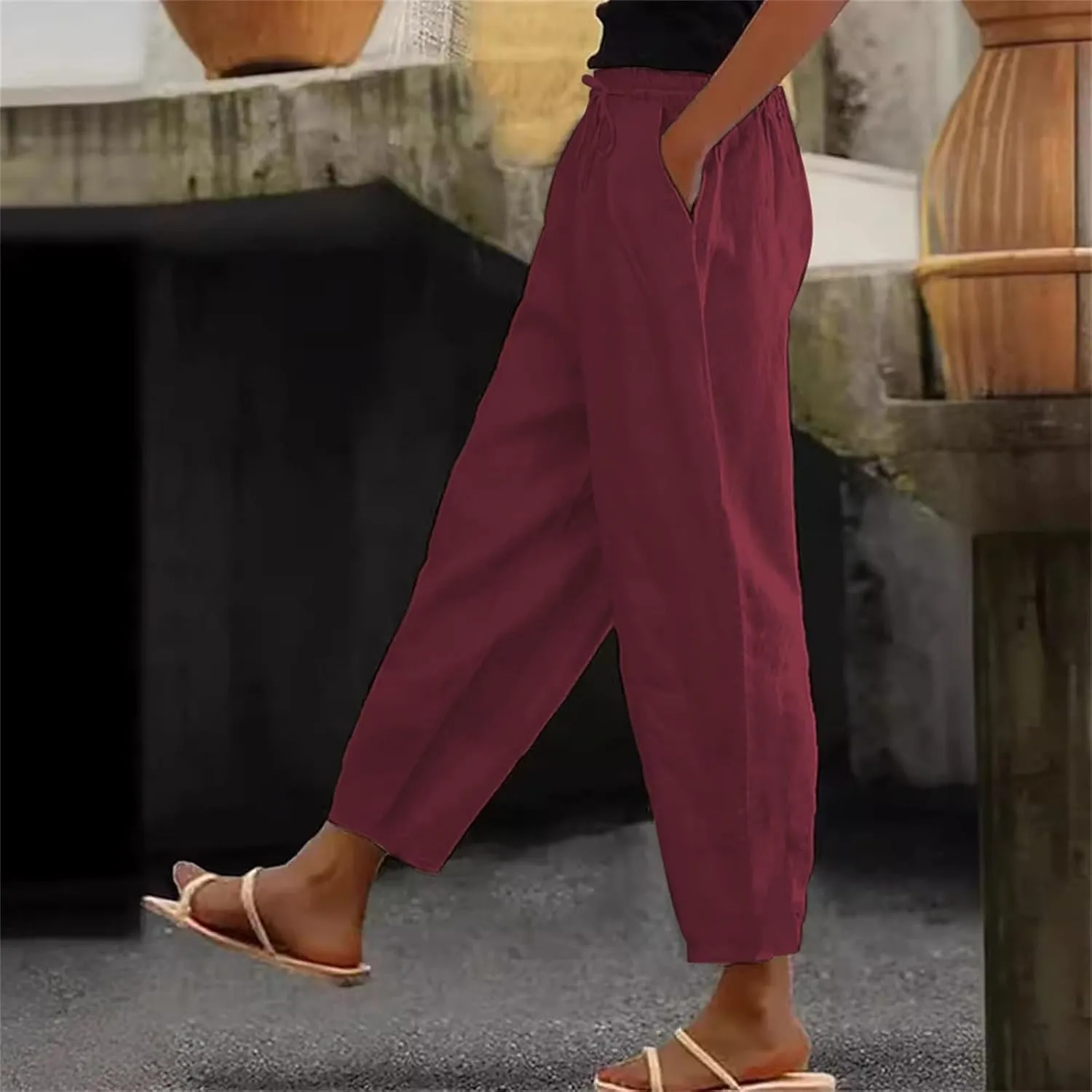 Linen Pants Women Straight Leg Drawstring Casual Trousers Pockets Beach Vacation Lounge Palazzo High Waist Pants