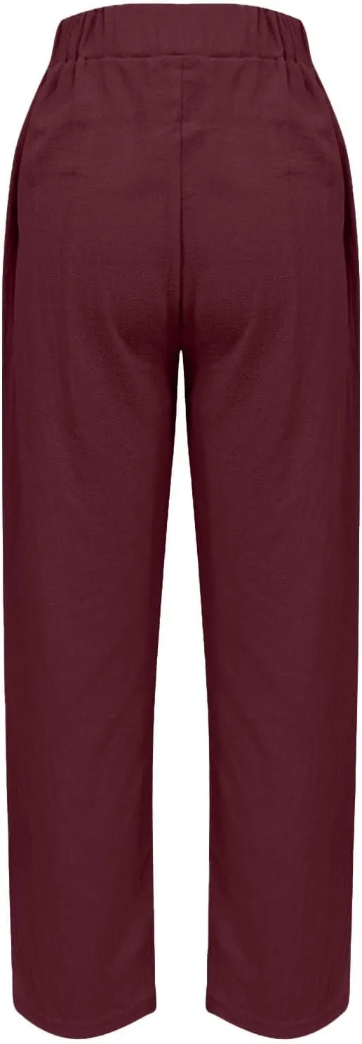 Linen Pants Women Straight Leg Drawstring Casual Trousers Pockets Beach Vacation Lounge Palazzo High Waist Pants