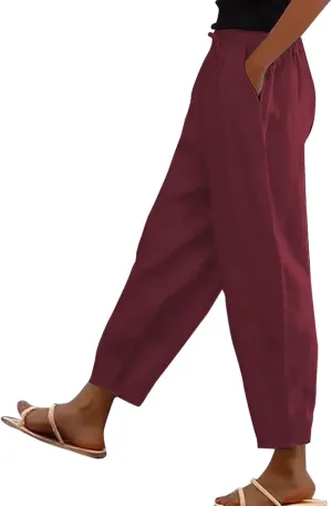 Linen Pants Women Straight Leg Drawstring Casual Trousers Pockets Beach Vacation Lounge Palazzo High Waist Pants