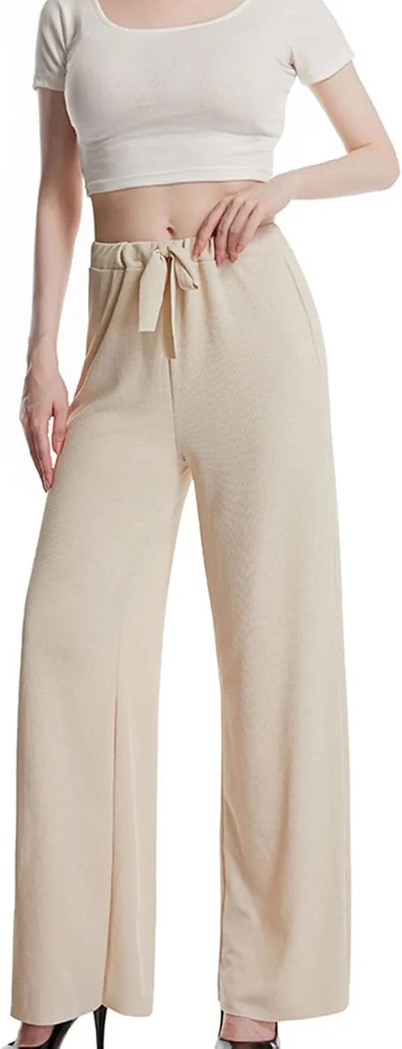 Maiyifu-GJ Wide Leg Yoga Pants for Women Elastic High Waist Casual Lounge Pants Drawstring Loose Comfy Stretch Flowy Trousers