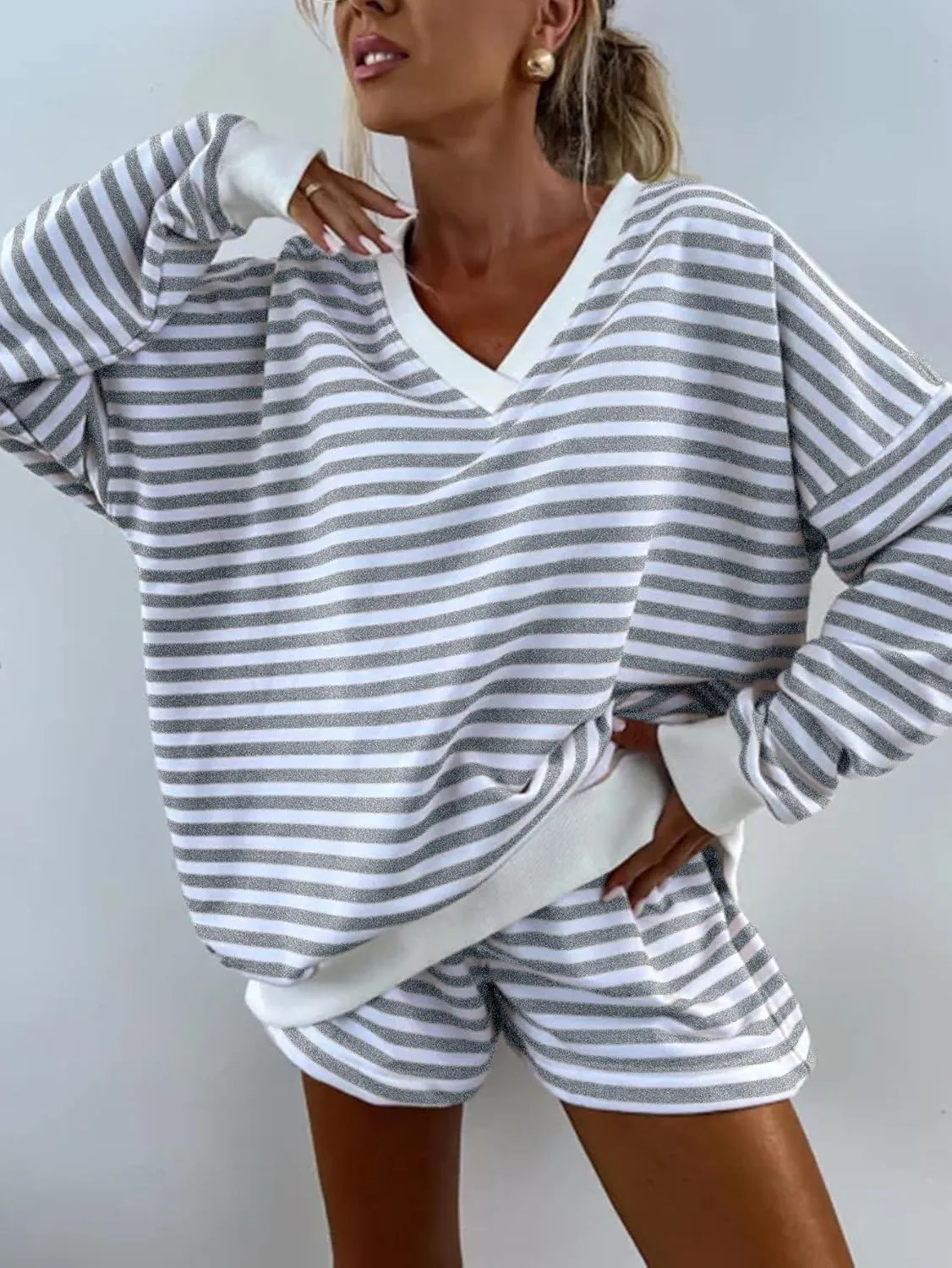Melliflo Women 2 Piece Outfits Lounge Sets Striped Print Long Sleeve V Neck Sweatshirt and Shorts Set Fall Sweatsuit