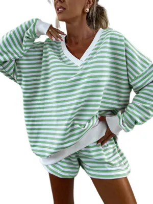 Melliflo Women 2 Piece Outfits Lounge Sets Striped Print Long Sleeve V Neck Sweatshirt and Shorts Set Fall Sweatsuit